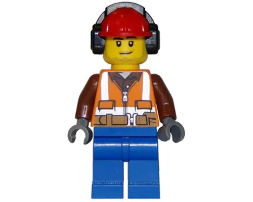 Forester - Male, Orange Safety Vest, Reflective Stripes, Reddish Brown Shirt, Blue Legs, Red Construction Helmet with Black Ear Protectors / Headphones, Stubble Image