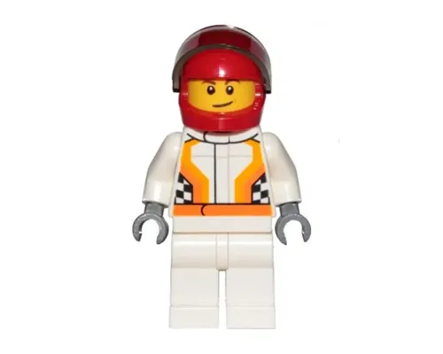 Race Car Driver, White Racing Suit with Orange Stripes and Checkered Pattern, Red Helmet, Crooked Smile with Brown Dimple Image