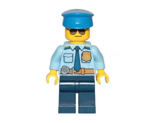 Police - City Officer Shirt with Dark Blue Tie and Gold Badge, Dark Tan Belt with Radio, Dark Blue Legs, Police Hat, Sunglasses Image