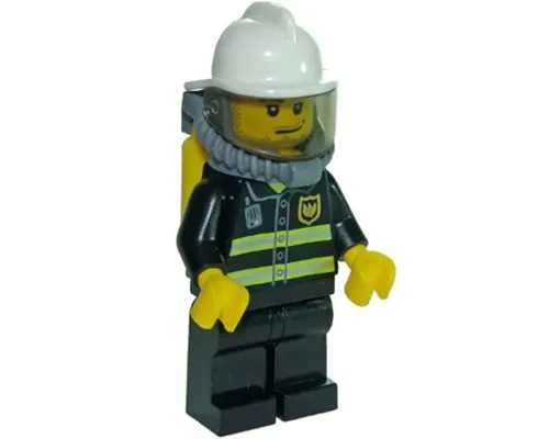 Fire - Reflective Stripes, Black Legs, White Fire Helmet, Smirk and Stubble Beard, Breathing Neck Gear with Yellow Air Tanks Image