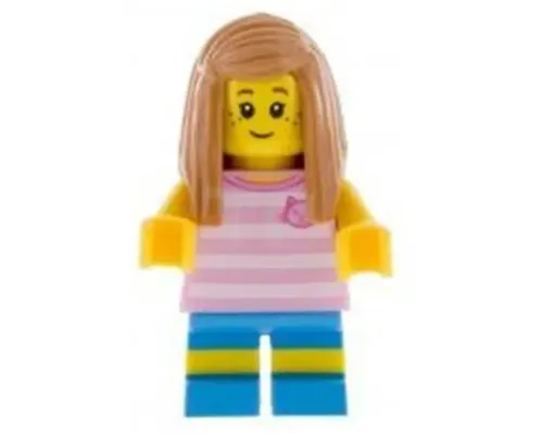 Child - Girl, Bright Pink Striped Shirt with Cat Head, Dark Azure Short Legs with Molded Yellow Stripes, Medium Nougat Long Hair, Freckles Image