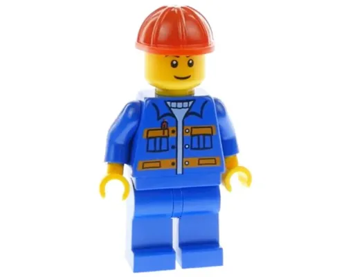 Blue Jacket with Pockets and Orange Stripes, Blue Legs, Red Construction Helmet, Thin Grin Image