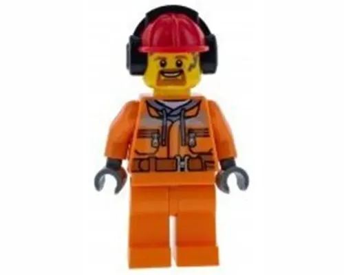 Construction Worker - Male, Orange Safety Jacket, Reflective Stripe, Sand Blue Hoodie, Orange Legs, Red Construction Helmet with Black Ear Protectors / Headphones, Goatee Image