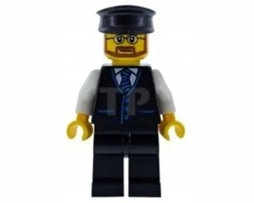 Bus Driver - Male, Black Vest with Blue Striped Tie, Black Legs, Black Hat, Glasses and Beard Image