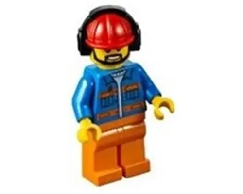 Airport Flagger - Male, Blue Jacket with Diagonal Lower Pockets and Orange Stripes, Orange Legs, Red Construction Helmet with Black Ear Protectors / Headphones Image