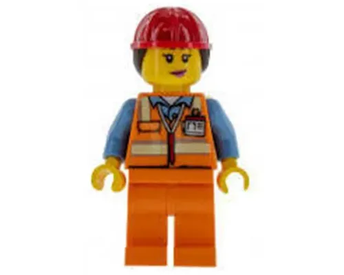 Airport Luggage Handler - Female, Orange Safety Vest with Reflective Stripes, Orange Legs, Red Construction Helmet with Dark Brown Ponytail Hair Image