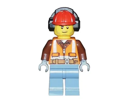 Construction Worker - Male, Orange Safety Vest, Reflective Stripes, Reddish Brown Shirt, Sand Blue Legs, Red Construction Helmet with Black Ear Protectors / Headphones, Stubble Image