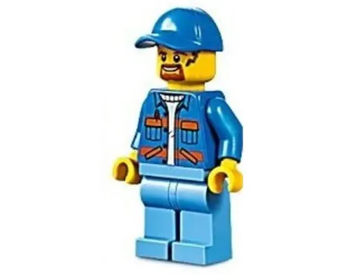 Garbage Worker - Male, Blue Jacket with Diagonal Lower Pockets and Orange Stripes, Medium Blue Legs, Blue Cap with Hole, Goatee and Splotches Image