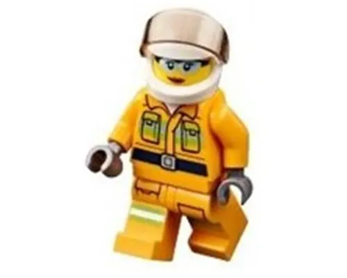 Fire - Reflective Stripes, Bright Light Orange Suit, White Helmet, Safety Glasses, Peach Lips Closed Mouth Smile Image