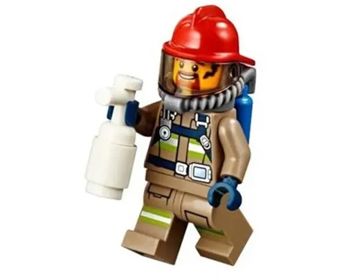 Fire - Reflective Stripes, Dark Tan Suit, Red Fire Helmet, Open Mouth with Goatee, Breathing Neck Gear with Blue Air Tanks Image