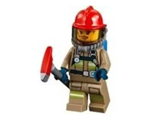 Fire - Reflective Stripes, Dark Tan Suit, Red Fire Helmet, Open Mouth with Peach Lips and Dirty Face, Breathing Neck Gear with Blue Air Tanks Image