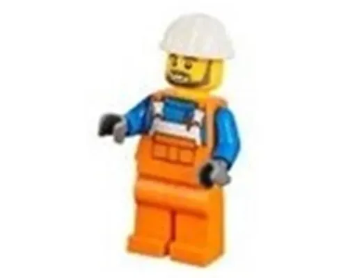 Construction Worker - Male, Orange Overalls with Reflective Stripe and Buckles over Blue Shirt, Orange Legs, White Construction Helmet, Beard Image