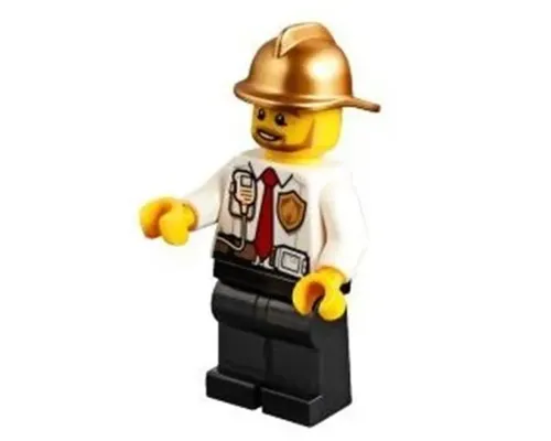 Fire - White Shirt with Tie and Belt and Radio, Black Legs, Gold Fire Helmet Image