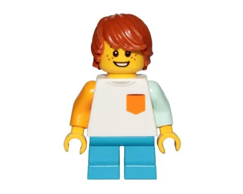 Boy, Freckles, White Shirt with Orange Pocket, Dark Azure Short Legs, Dark Orange Hair Tousled with Side Part Image