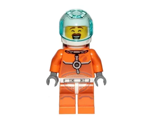 Astronaut - Male, Orange Spacesuit with Dark Bluish Gray Lines, Trans-Light Blue Visor, Large Smile with Eyes Closed and Smirk Image