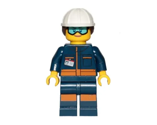 Rocket Engineer - Female, Dark Blue Jumpsuit, White Construction Helmet with Dark Brown Ponytail Hair, Light Blue Goggles and Face Covered with Dirt Image