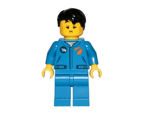 Astronaut - Male, Blue Jumpsuit, Black Hair Short Tousled with Side Part, Queasy and Open Mouth Smile Image