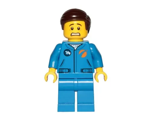 Astronaut - Male, Blue Jumpsuit, Dark Brown Hair Short Combed Sideways Part Left, Scared and Lopsided Smile Image