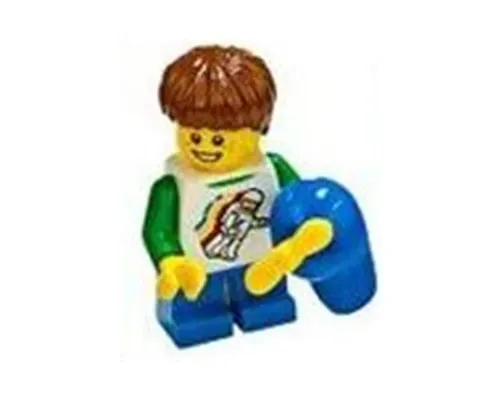 Child - Boy, Classic Space Shirt with Minifigure Floating and Back Print, Blue Short Legs, Reddish Brown Hair, Freckles Image