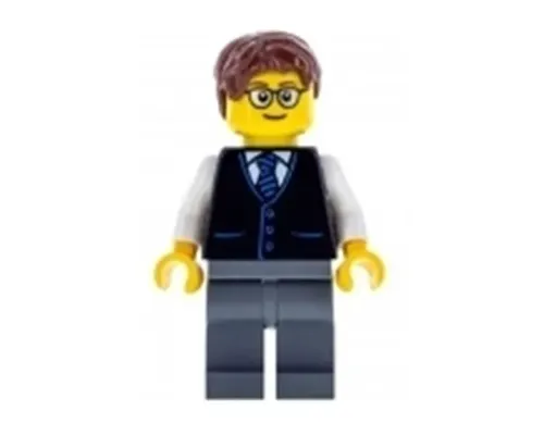 Launch Director - Male, Black Vest with Blue Striped Tie, Dark Bluish Gray Legs, Reddish Brown Short Tousled Hair, Glasses Image