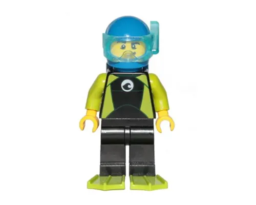 Diver - Male, Black Wetsuit with White Logo and Lime Trim and Flippers, Blue Helmet and Air Tanks Image