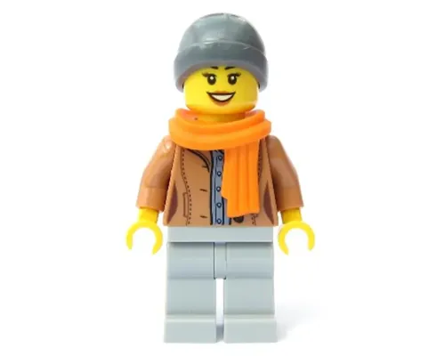 Customer - Female, Medium Nougat Jacket, Light Bluish Gray Legs, Dark Bluish Gray Beanie, Orange Scarf Image