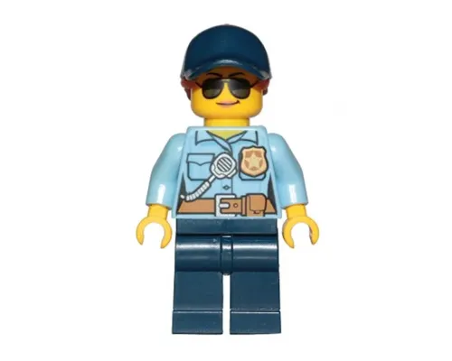 Police - City Officer Female, Bright Light Blue Shirt with Badge and Radio, Dark Blue Legs, Dark Blue Cap with Dark Orange Ponytail, Sunglasses Image