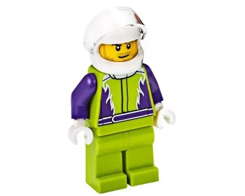 Monster Truck Driver, Lime Legs and Jacket with Purple Flames and Arms, White Helmet Image