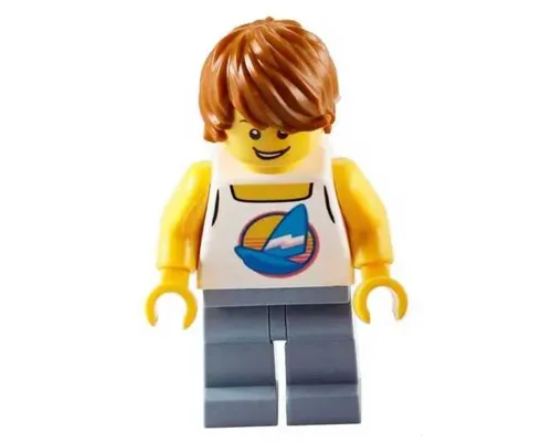 Surfer - Male, White Tank Top with Dark Azure Sailboat, Sand Blue Legs, Dark Orange Tousled Hair Image