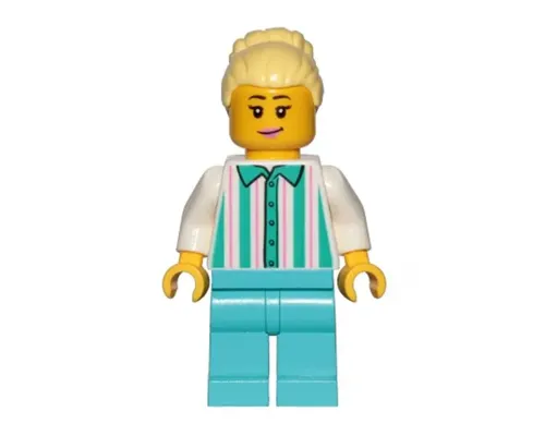 Fairground Employee, Female - Bright Light Yellow Hair with High Bun, White Shirt with Stripes, Medium Azure Legs Image