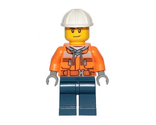 Construction Worker - Male, Orange Safety Jacket, Reflective Stripe, Sand Blue Hoodie, Dark Blue Legs, White Construction Helmet, Stubble Image