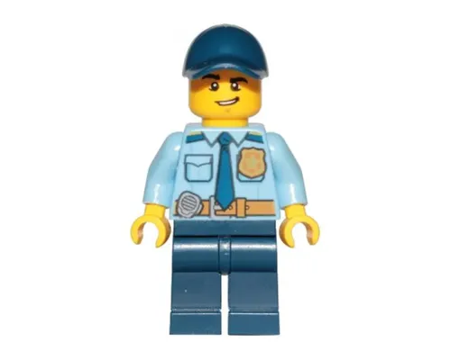 Police - City Officer Shirt with Dark Blue Tie and Gold Badge, Dark Tan Belt with Radio, Dark Blue Legs, Dark Blue Cap, Lopsided Grin Image