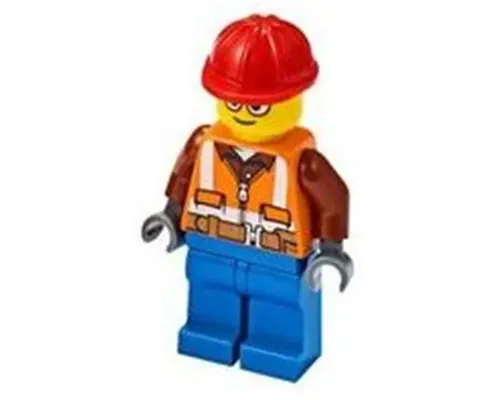 Construction Worker - Male, Orange Safety Vest, Reflective Stripes, Reddish Brown Shirt, Blue Legs, Red Construction Helmet, Glasses Image