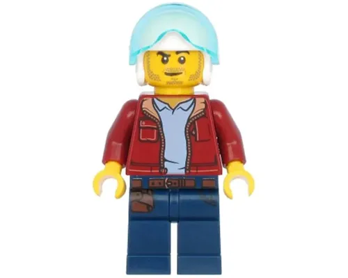 Man, Dark Red Jacket with Bright Light Blue Shirt, Dark Blue Legs with Belt, White Flight Helmet, Trans-Light Blue Flight Visor, Stubble (Helicopter Pilot) Image