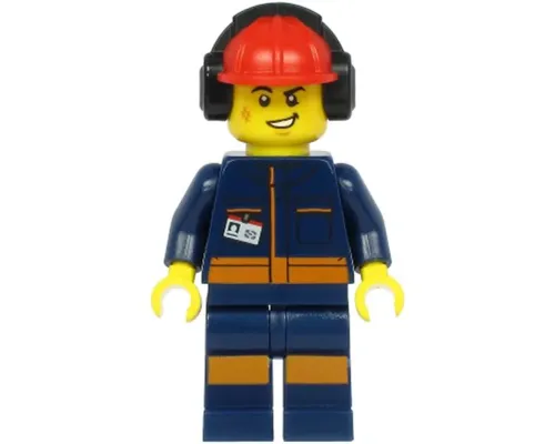 Airport Flagger - Male, Dark Blue Jumpsuit with Orange Stripes, Red Construction Helmet with Black Ear Protectors / Headphones Image