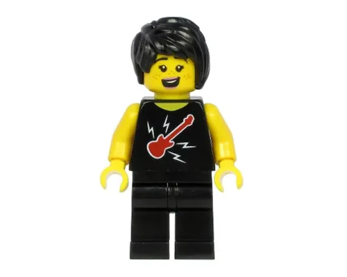 Plane Passenger - Female, Black Hair, Black Sleeveless Top with Red Guitar, Black Legs Image