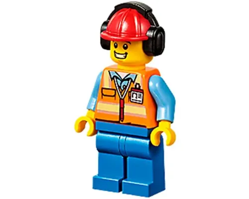 Ground Crew - Male, Orange Safety Vest with Reflective Stripes, Blue Legs, Red Construction Helmet with Black Ear Protectors / Headphones Image