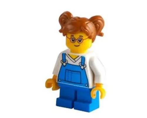 Child - Girl, Blue Overalls over V-Neck Shirt, Blue Short Legs, Dark Orange Hair with Pigtails, Glasses, Freckles Image