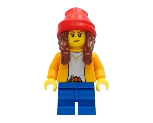 Girl - Bright Light Orange Jacket, Blue Medium Short Legs, Reddish Brown Hair with Braids and Red Beanie Image