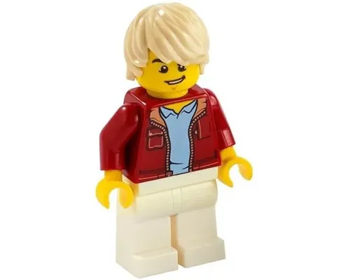 Man, Dark Red Jacket with Bright Light Blue Shirt, White Legs, Tan Tousled Hair, Lopsided Grin (Car Driver) Image