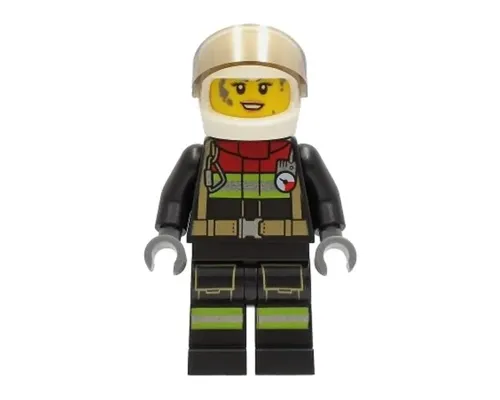 Fire - Female, Black Jacket and Legs with Reflective Stripes and Red Collar, White Helmet, Trans-Brown Visor, Dark Bluish Gray Splotches Image