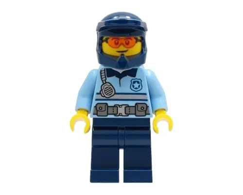 Police - City Officer Bright Light Blue Shirt with Silver Stripe, Badge, and Radio, Dark Blue Legs, Dark Blue Dirt Bike Helmet, Safety Glasses Image