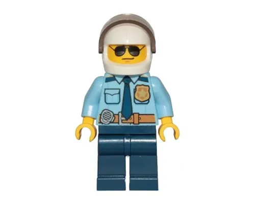 Police - City Officer Shirt with Dark Blue Tie and Gold Badge, Dark Tan Belt with Radio, Dark Blue Legs, White Helmet, Sunglasses Image