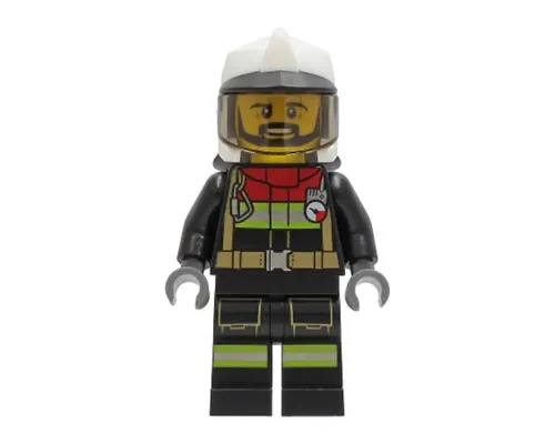 Fire - Male, Black Jacket and Legs with Reflective Stripes and Red Collar, White Fire Helmet, Trans-Brown Visor, Black Beard Image