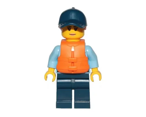 Police - City Officer Female, Bright Light Blue Shirt with Badge and Radio, Dark Blue Legs, Dark Blue Cap with Dark Orange Ponytail, Life Jacket Image