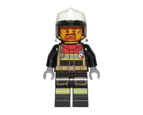 Fire - Male, Black Jacket and Legs with Reflective Stripes and Red Collar, White Fire Helmet, Trans-Brown Visor, Dark Orange Goatee Image