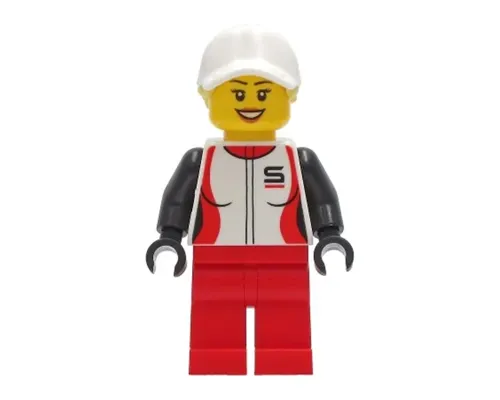 Woman - Red and White Racing Jacket, Red Legs, White Cap with Bright Light Yellow Ponytail Hair Image