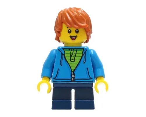 Child - Boy, Dark Azure Hoodie, Dark Blue Short Legs, Dark Orange Tousled Hair, Freckles, Smile with Teeth and Tongue Image