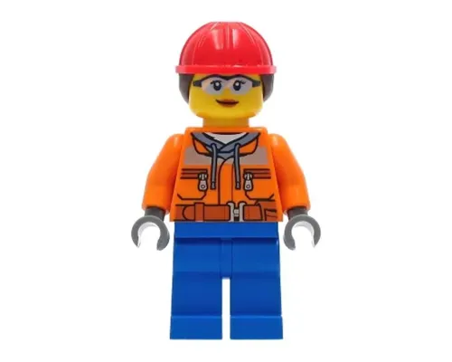 Construction Worker - Female, Orange Safety Jacket, Reflective Stripe, Sand Blue Hoodie, Blue Legs, Red Construction Helmet with Dark Brown Ponytail Hair, Safety Glasses Image