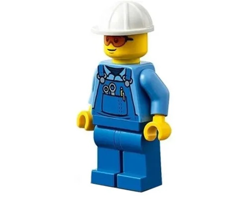 Roadwork Truck Driver - Male, Blue Overalls over Medium Blue Shirt, Blue Legs, White Construction Helmet, Safety Glasses, Back Print Image